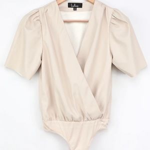 Faux leather ivory bodysuit/ short sleeve